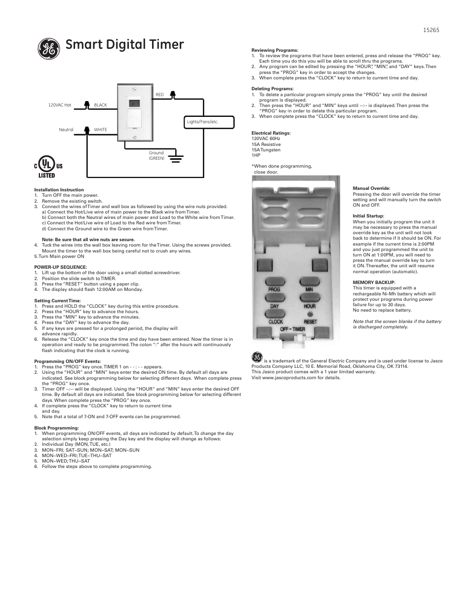 GE 15265 InWall Digital Timer Manuel d'utilisation Pages 2 Mode Original