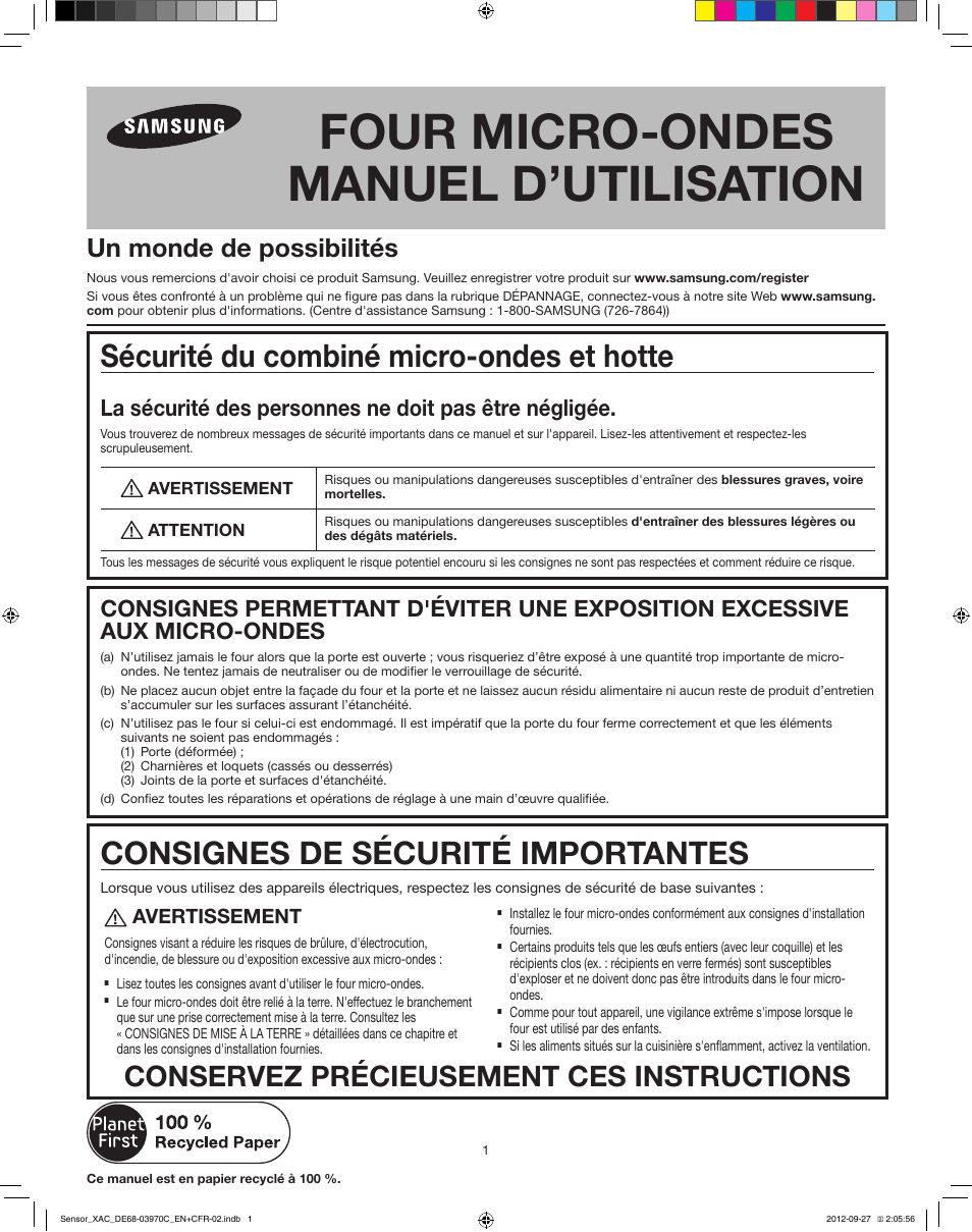 Samsung Four Micro Onde Combiné Mode D emploi Four micro-ondes manuel d'utilisation, Sécurité du combiné micro-ondes et  hotte, Consignes de sécurité importantes | Samsung SMH2117S-XAC Manuel d'utilisation  | Page 7 / 12 | Mode Original
