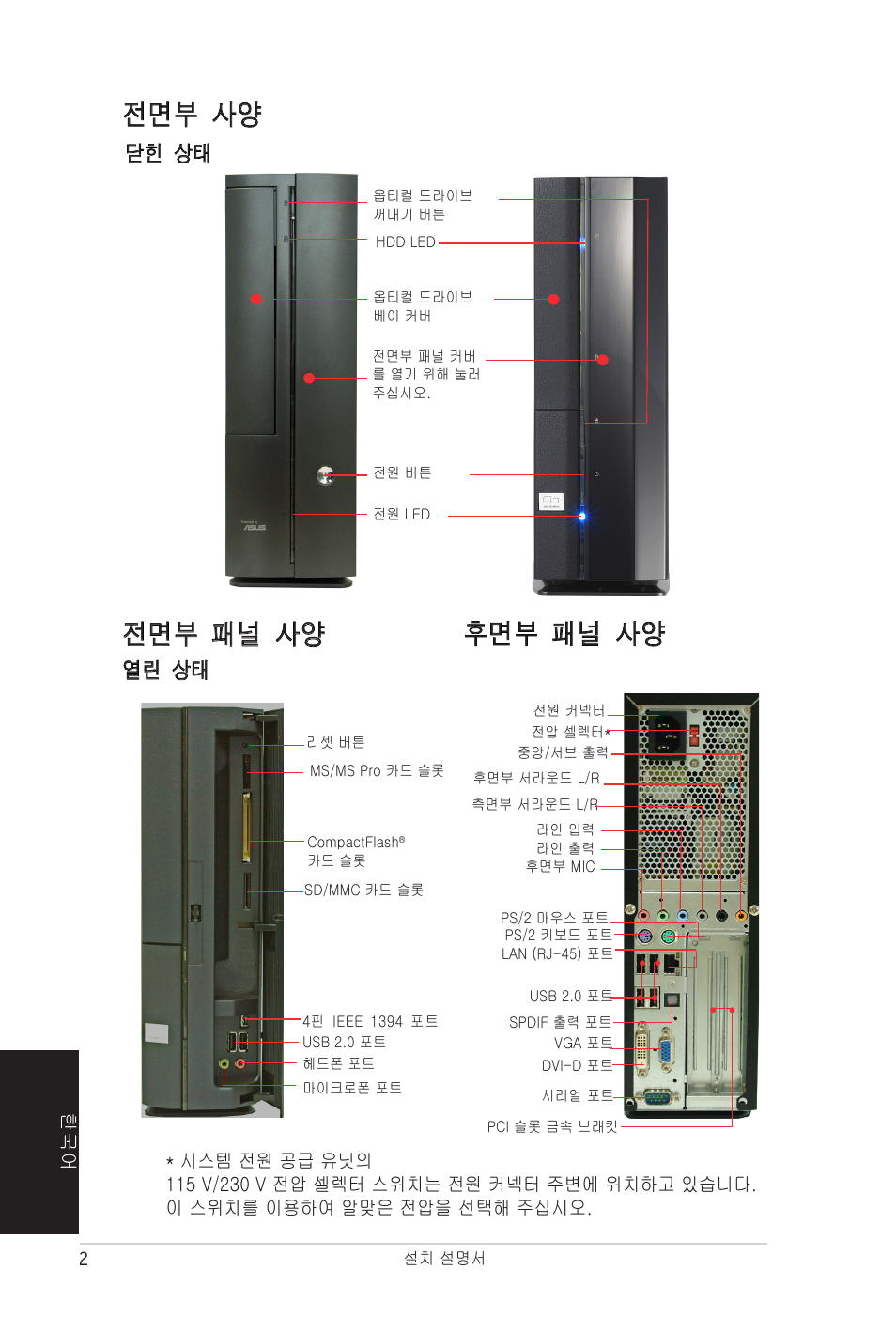 전면부 사양 전면부 패널 사양, 후면부 패널 사양, 닫힌 상태 열린 상태 | Asus PC (Desktop Barebone