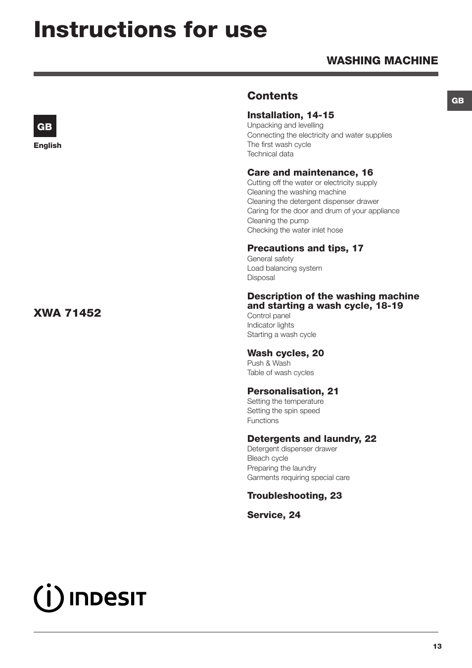 Indesit Innex Push And Wash Mode D Emploi Instructions for use | Indesit XWA-71452-W-FR Manuel d'utilisation | Page  13 / 24