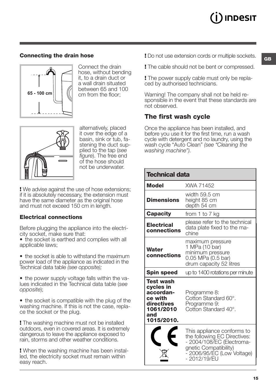 Machine A Laver Innex Mode D Emploi Indesit XWA-71452-W-FR Manuel d'utilisation | Page 15 / 24 | Mode Original