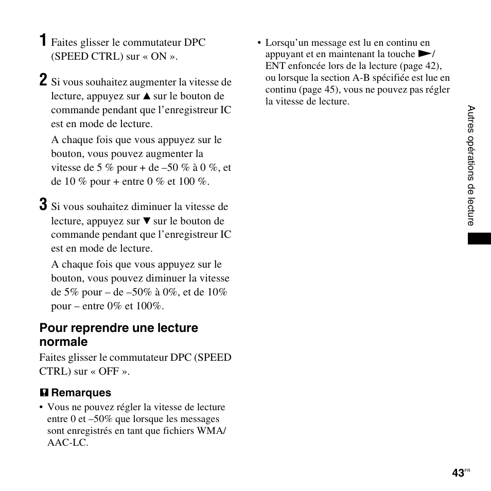 Pour reprendre une lecture normale | Sony ICD-UX200 Manuel d'utilisation | Page 43 / 128