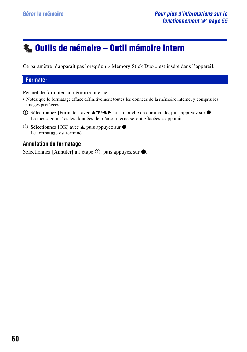Outils de mémoire - outil mémoire intern, Formater, Outils de mémoire – outil mémoire intern | Sony DSC-T20 Manuel d'utilisation | Page 60 / 122