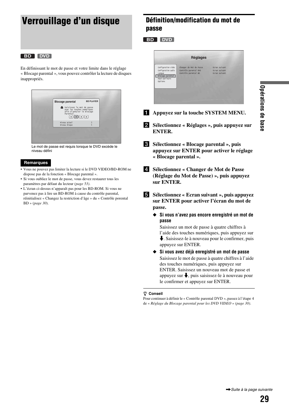 Verrouillage d’un disque, Définition/modification du mot de passe, Opérations de base | Sony BDP-S300 Manuel d'utilisation | Page 29 / 67