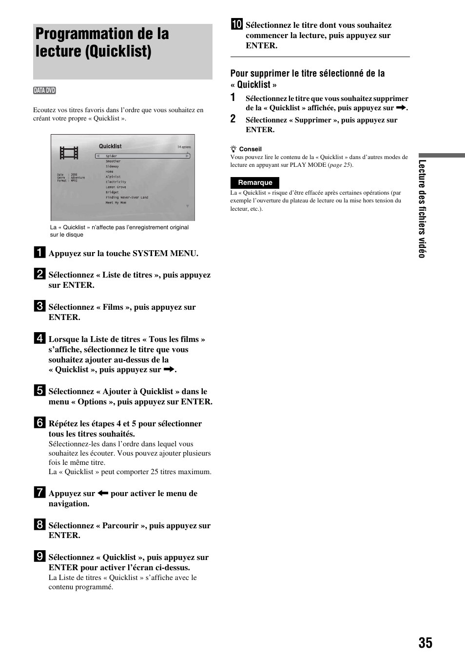 Programmation de la lecture (quicklist) | Sony BDP-S300 Manuel d'utilisation | Page 35 / 67