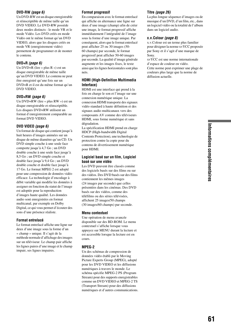 Informations complémentaires | Sony BDP-S300 Manuel d'utilisation | Page 61 / 67