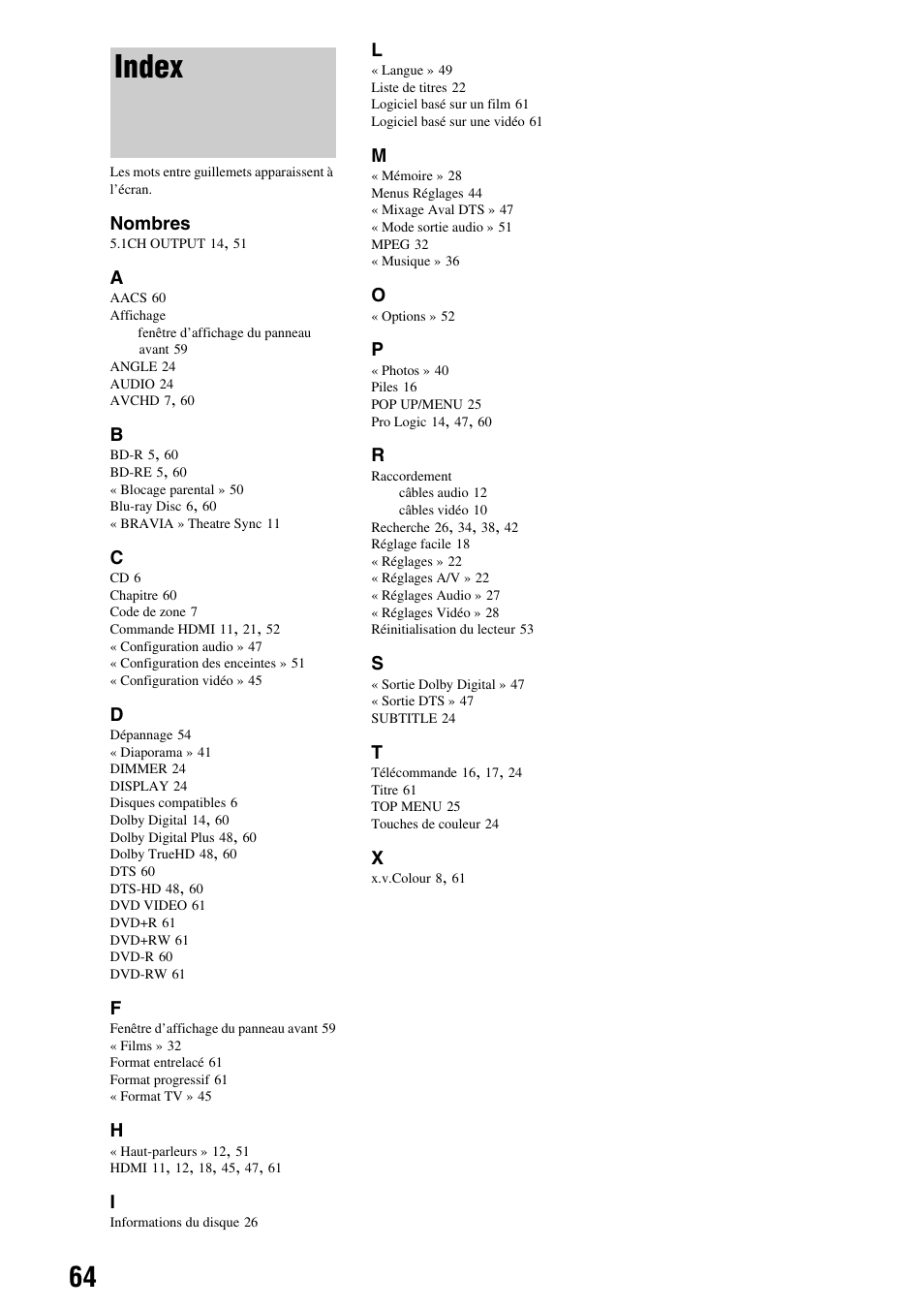 Index | Sony BDP-S300 Manuel d'utilisation | Page 64 / 67