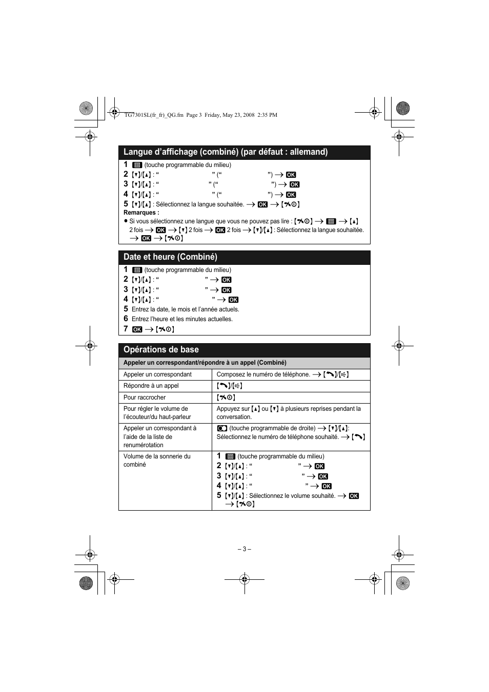 Date et heure (combiné), Opérations de base | Panasonic KXTG7301SL Manuel d'utilisation | Page 3 / 8