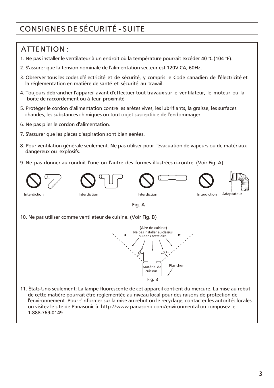 Consignes de sécurit - suite é, Attention | Panasonic FV-08VFL3 Manuel d'utilisation | Page 3 / 16