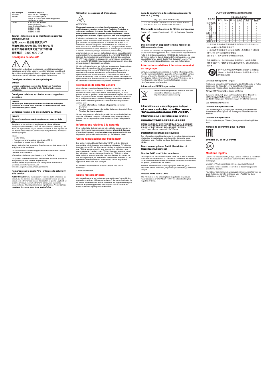 Consignes de sécurité, Consigne relative aux sacs plastiques, Consigne relative à la pile cellulaire au lithium | Utilisation de casques et d'écouteurs, Notification de garantie lenovo, Informations relatives à la garantie, Unités remplaçables par l'utilisateur, Bruits radioélectriques, Conformité aux directives de l'union européenne, Informations deee importantes | Lenovo ThinkPad 8 Manuel d'utilisation | Page 2 / 2