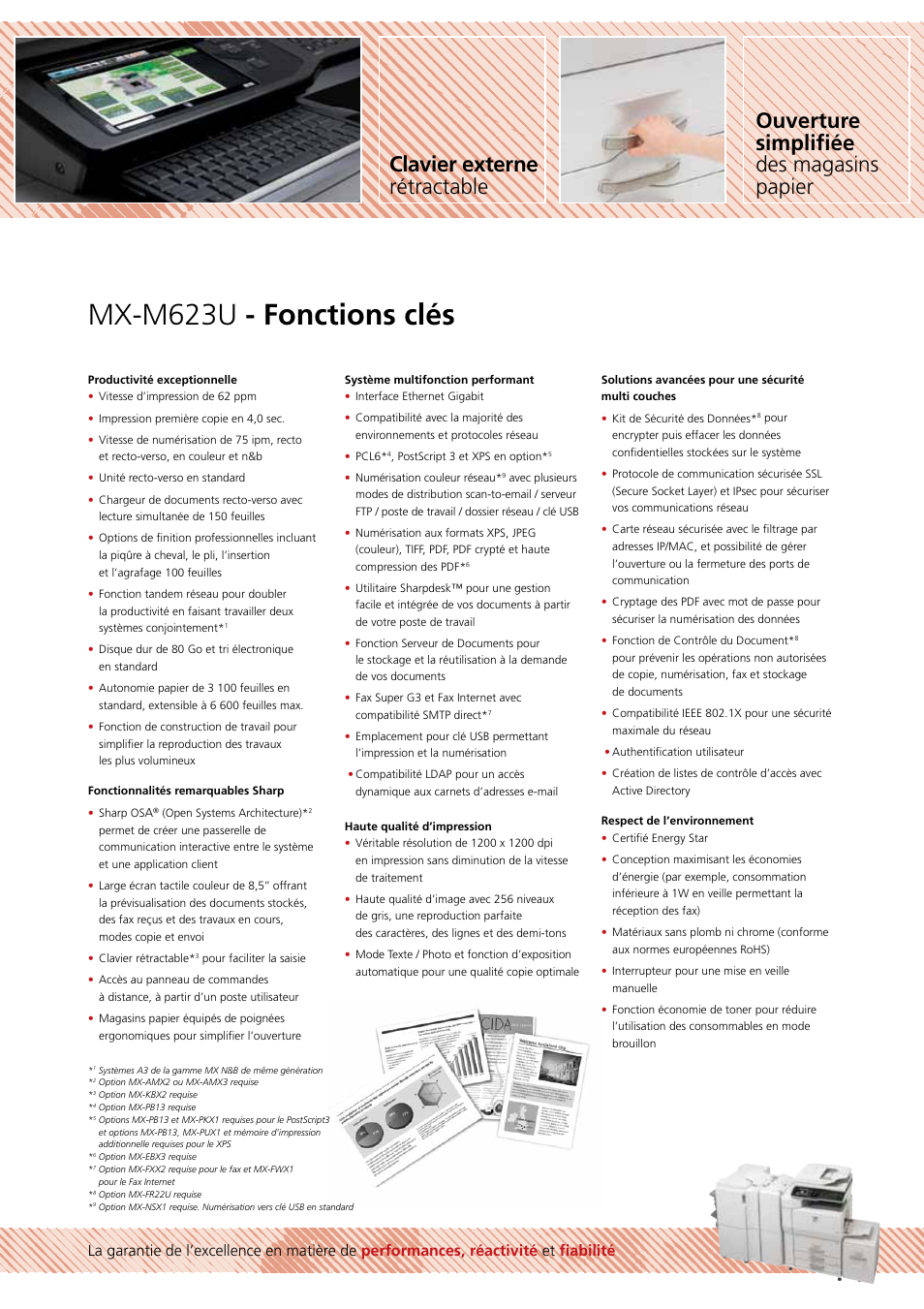 Mx-m623u - fonctions clés, Clavier externe rétractable, Ouverture simpliﬁée des magasins papier | Sharp MX-M623U Manuel d'utilisation | Page 3 / 12