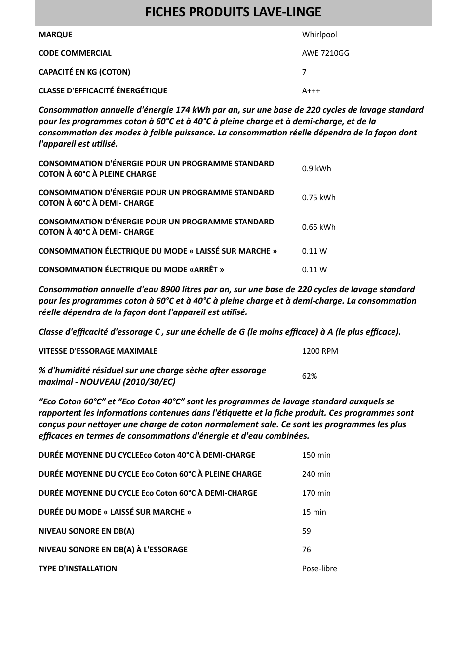 Whirlpool AWE 7210GG Manuel d'utilisation | Pages: 1
