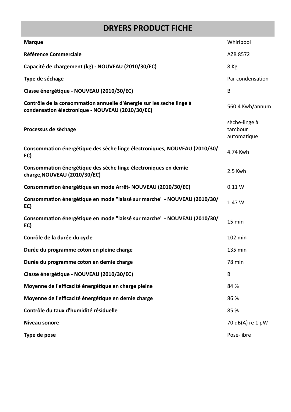 Whirlpool AZB 8572 Manuel d'utilisation | Pages: 1