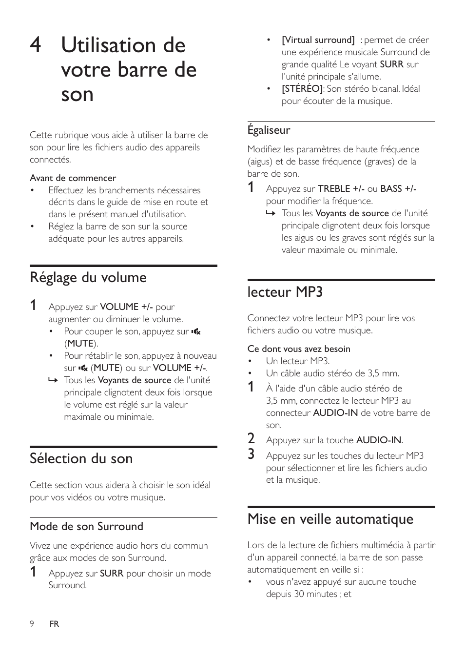 Barre De Son Philips Mode D Emploi 4 utilisation de votre barre de son, Réglage du volume, Sélection du son | Philips  Barre de son Manuel d'utilisation | Page 9 / 15 | Mode Original