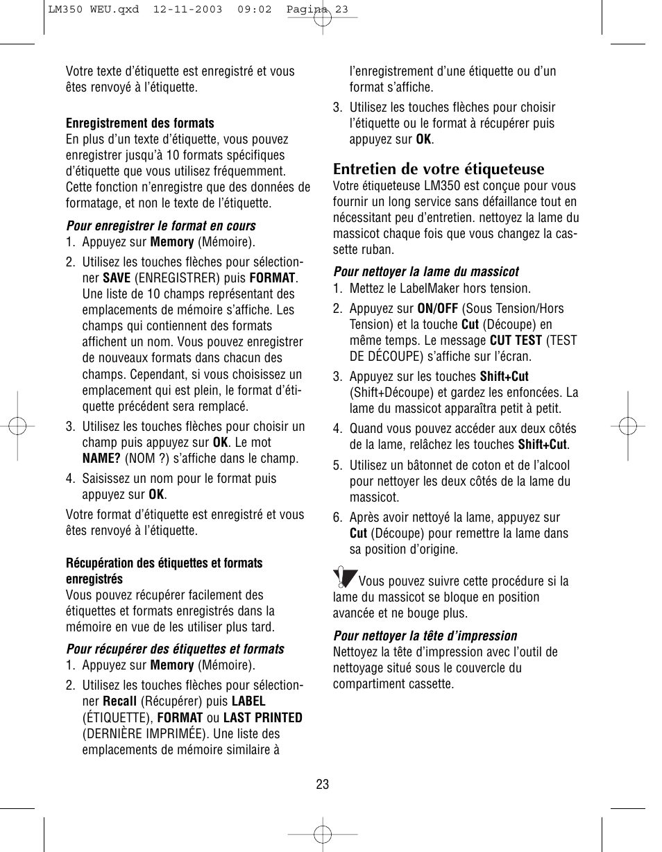 Entretien de votre étiqueteuse | Dymo LabelManager 350 Manuel ...