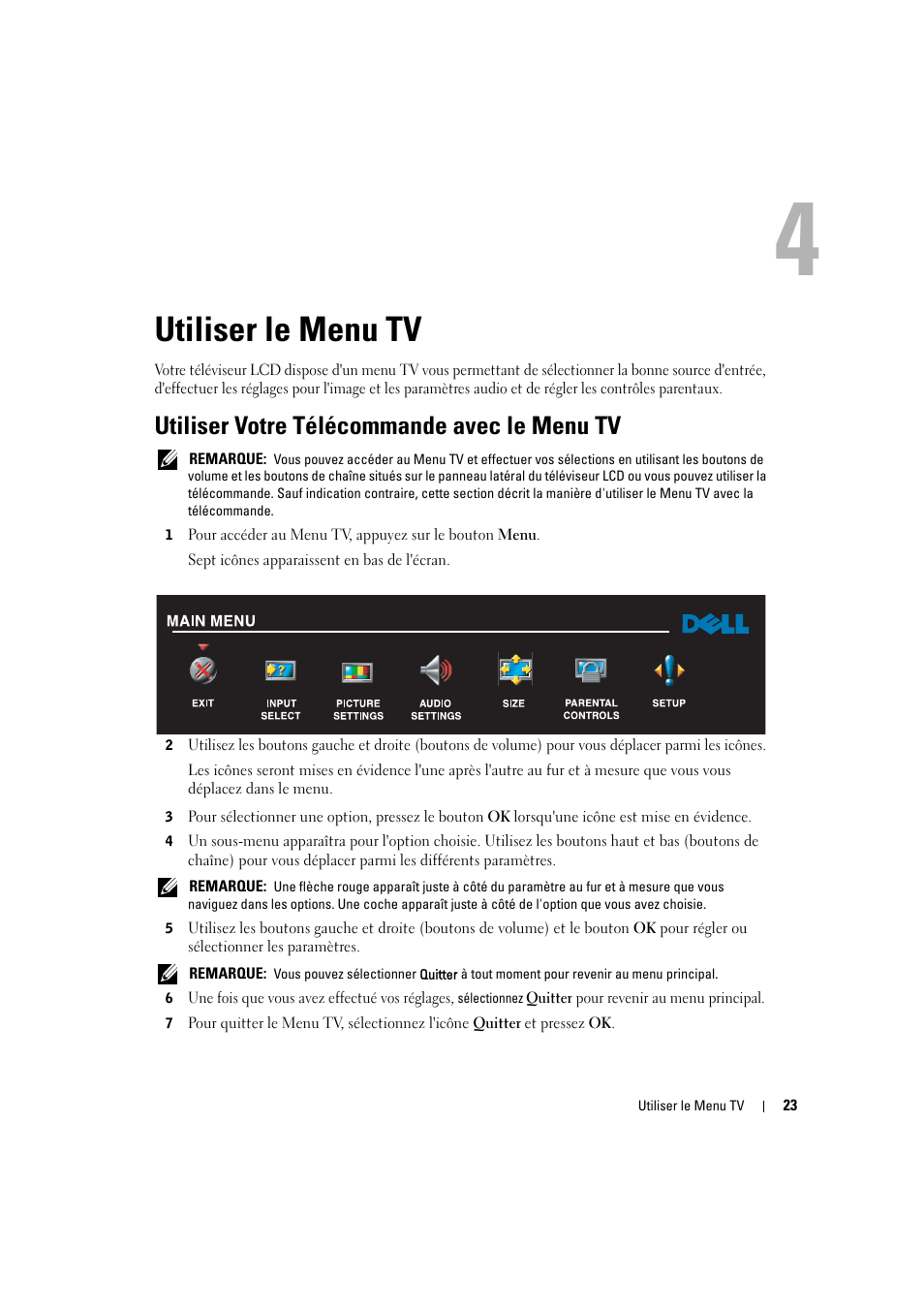 Utiliser le menu tv, Utiliser votre télécommande avec le menu tv | Dell LCD TV W2606C Manuel d'utilisation | Page 23 / 60