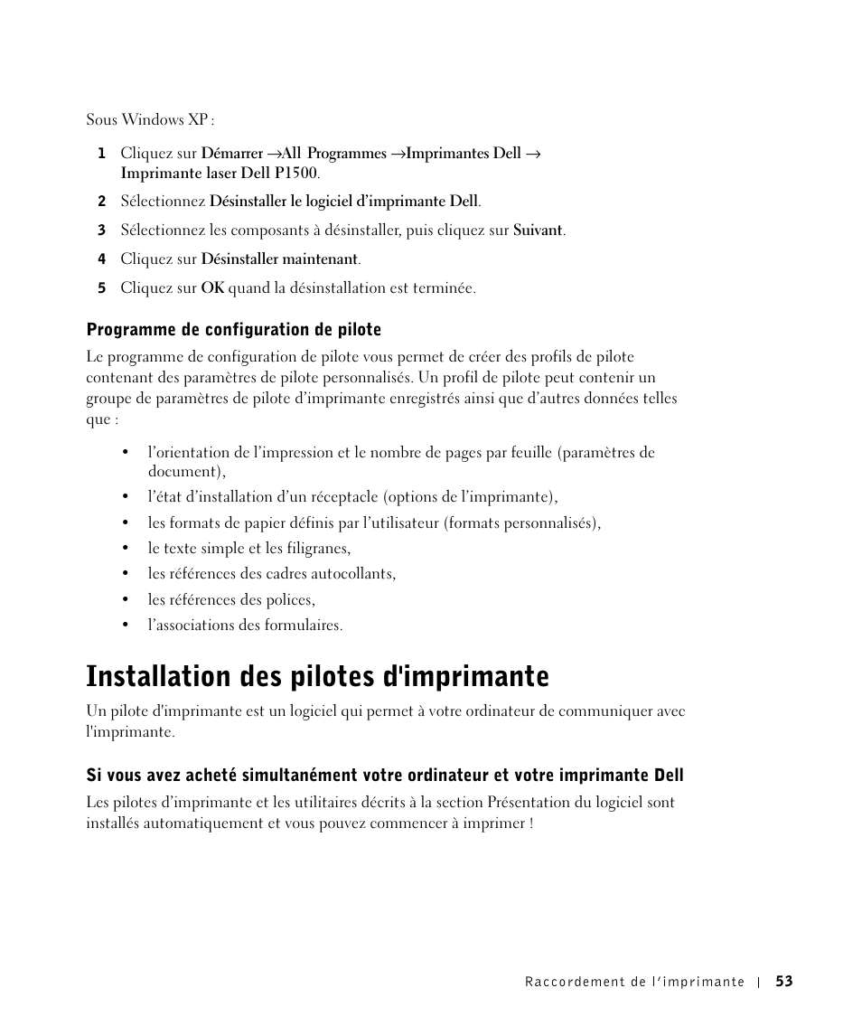 Scroafă spini egoul Programme de configuration de pilote, Installation des pilotes d'imprimante | Dell P1500 Personal Mono Laser Printer Manuel d'utilisation | Page 53 / 93 | Mode Original Scroafă spini egoul Programme de configuration de pilote, Installation des pilotes d'imprimante | Dell P1500 Personal Mono Laser Printer Manuel d'utilisation | Page 53 / 93 | Mode Original