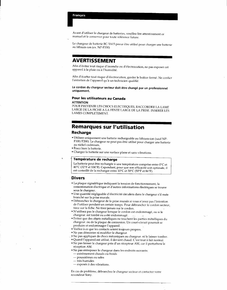 Avertissement, Remarques sur rutilisation, Recharge | Divers | Sony BC V615 Manuel d'utilisation | Page 10 / 14