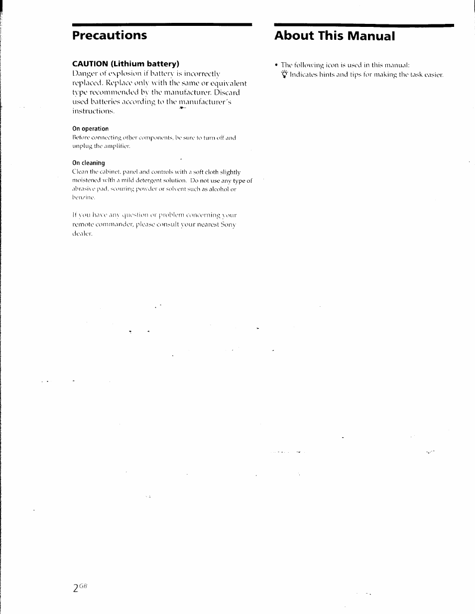 Caution (lithium battery), On operation, On cleaning | Precautions about this manual | Sony RM-TP501E Manuel d'utilisation | Page 2 / 49