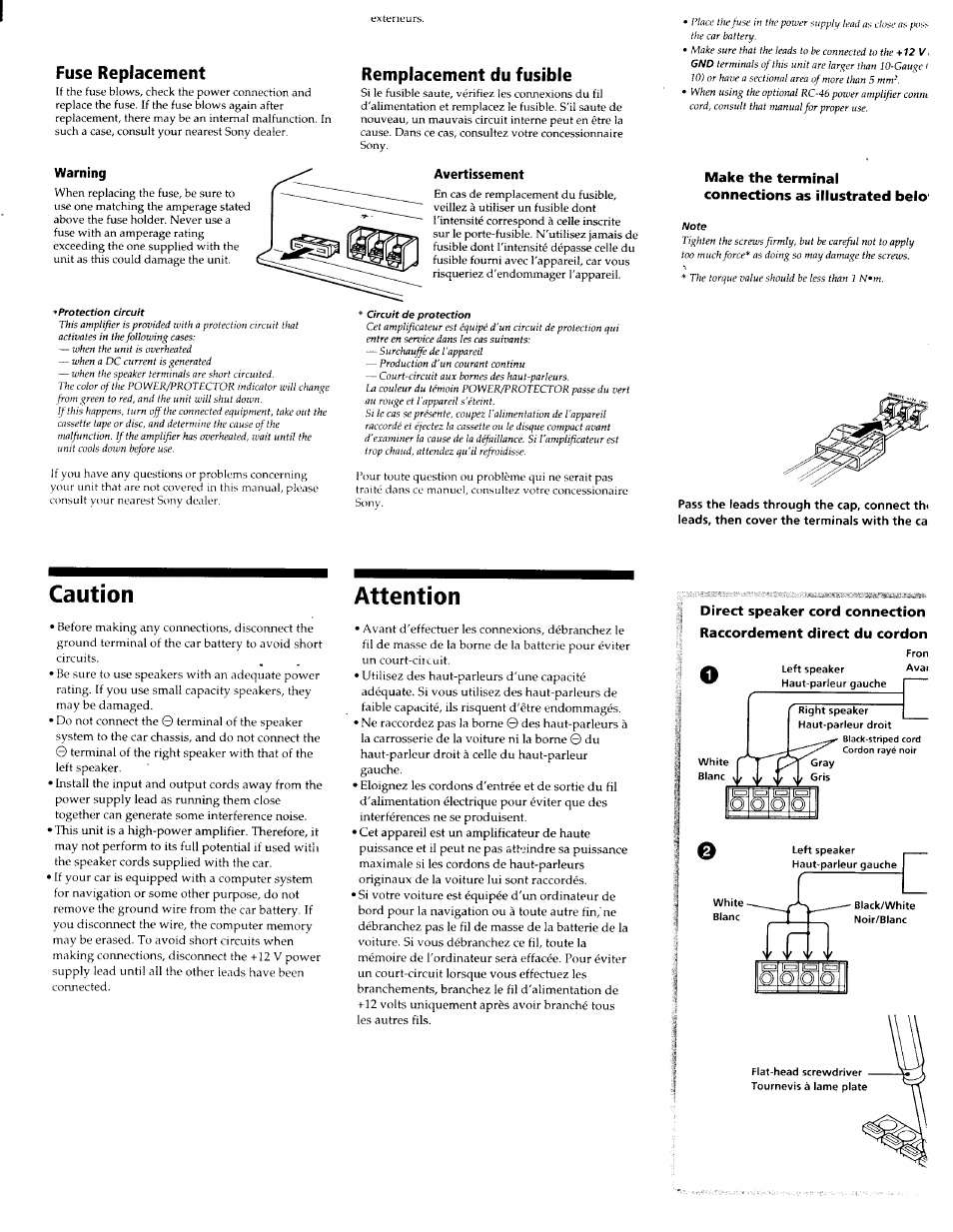 Fuse replacement, Warning, Remplacement du fusible | Avertissement, Make the terminal connections as illustrated belo, Caution, Attention, Caution attention | Sony XM-404EQX Manuel d'utilisation | Page 10 / 12