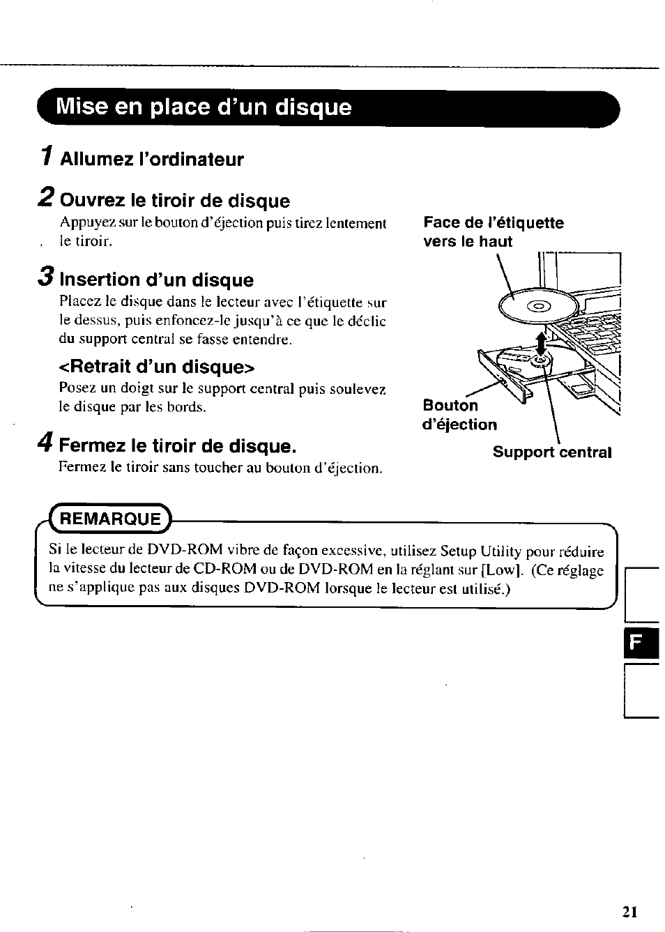 1 allumez tordinateur, 2 ouvrez le tiroir de disque, 3 insertion d’un disque | Retrait d’un disque, 4 fermez le tiroir de disque | Panasonic DVD-ROM CF-VDD283 Manuel d'utilisation | Page 21 / 36