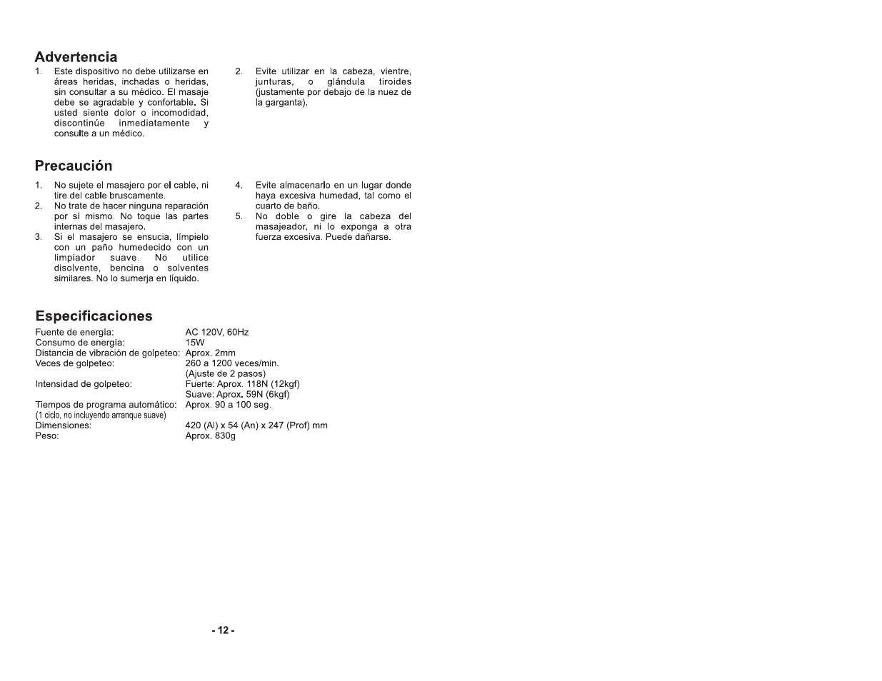 Advertencia, Precaución, Especificaciones | Panasonic EV2610K Manuel d'utilisation | Page 8 / 12