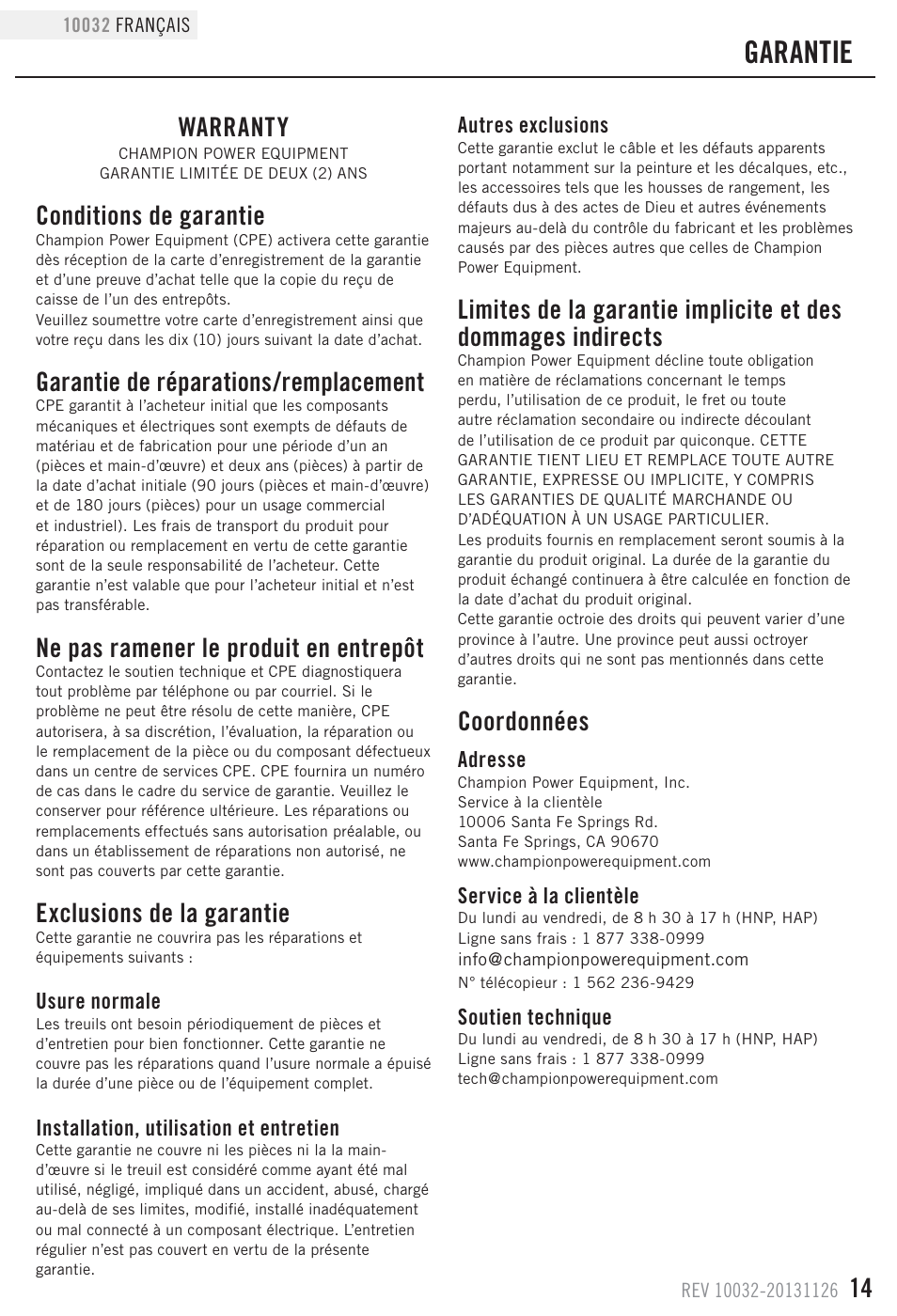 Garantie Warranty Conditions De Garantie Champion Power Equipment Manuel D Utilisation Page 17 17