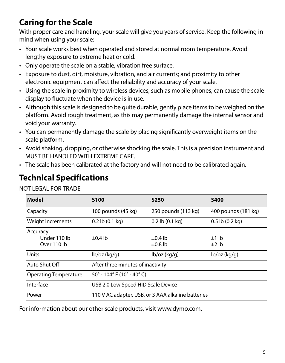 Caring For The Scale Technical Specifications Dymo S250 Manuel D Caring For The Scale Technical Specifications Dymo S250 Manuel D Utilisation Page 9 26