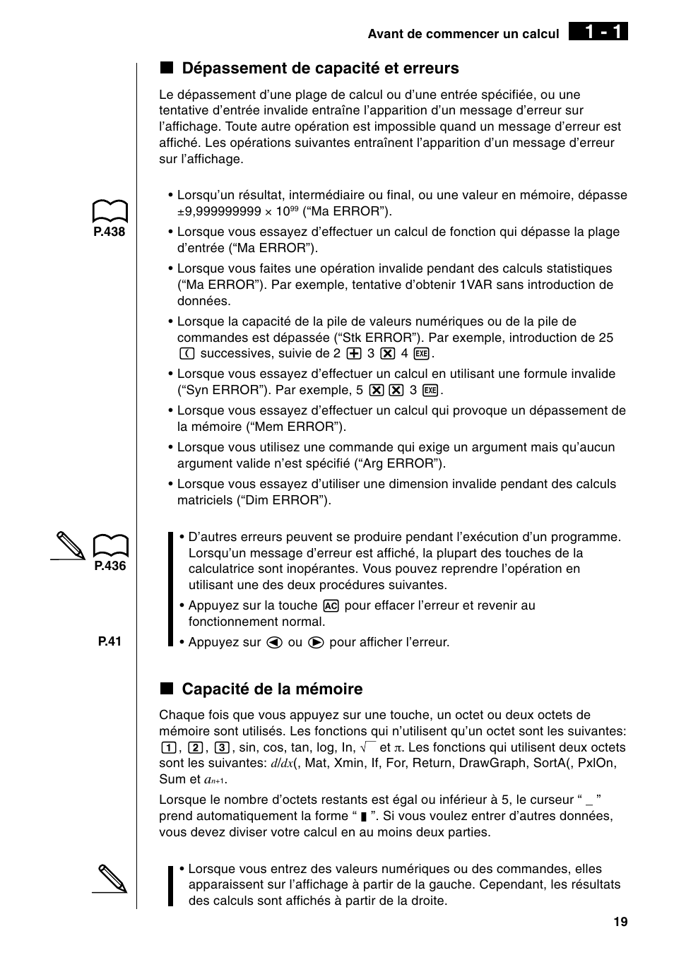 Erreur Argument Casio Graph 35 E Kk dépassement de capacité et erreurs, Kk capacité de la mémoire | Casio  GRAPH 35+ Manuel d'utilisation | Page 49 / 488