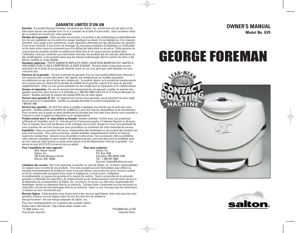 George Foreman GV5 Manuel d'utilisation | Pages: 20