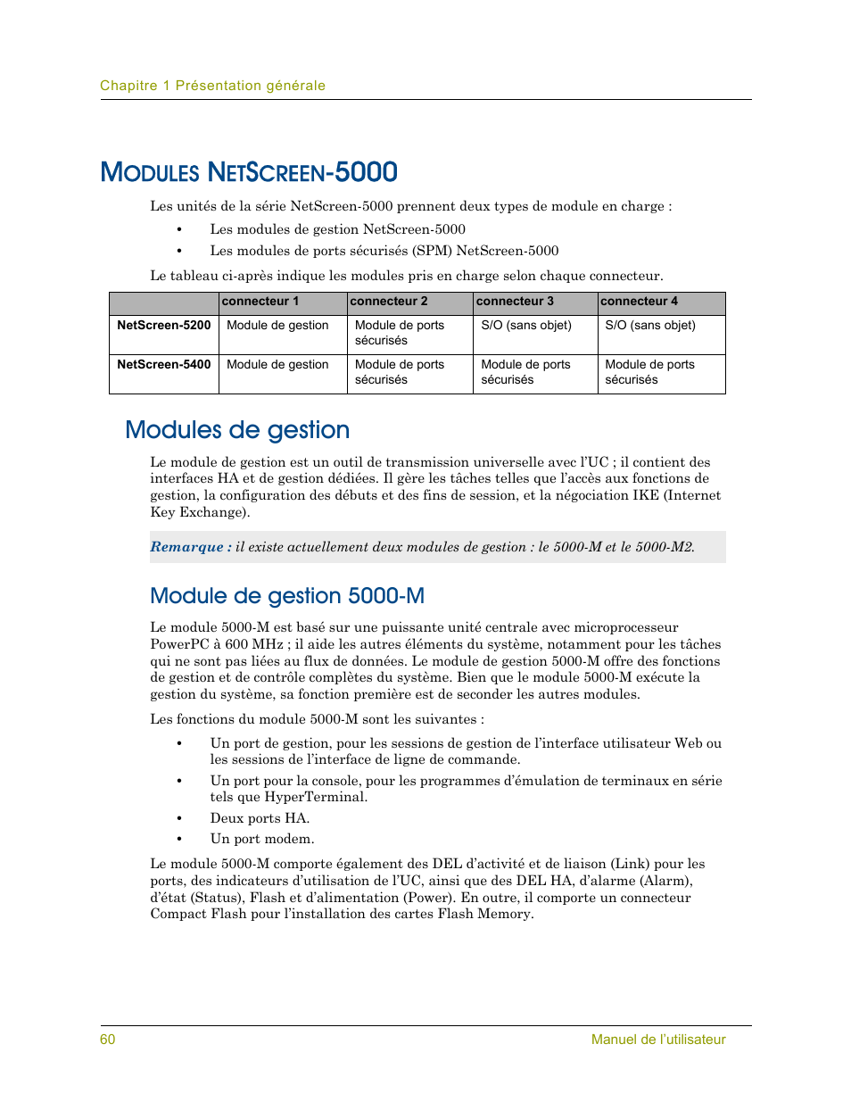 Modules netscreen-5000, Modules de gestion, Module de gestion 5000-m | Odules, Creen | Juniper Networks 5000 SERIES Manuel d'utilisation | Page 72 / 116