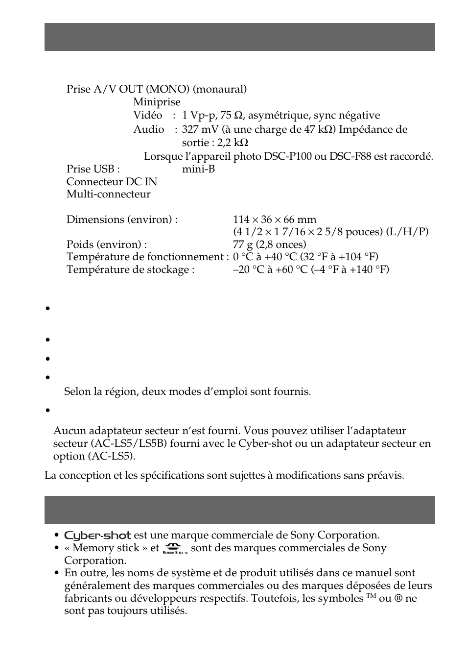Spécifications, Marques commerciales | Sony CSS-FEB Manuel d'utilisation | Page 48 / 52