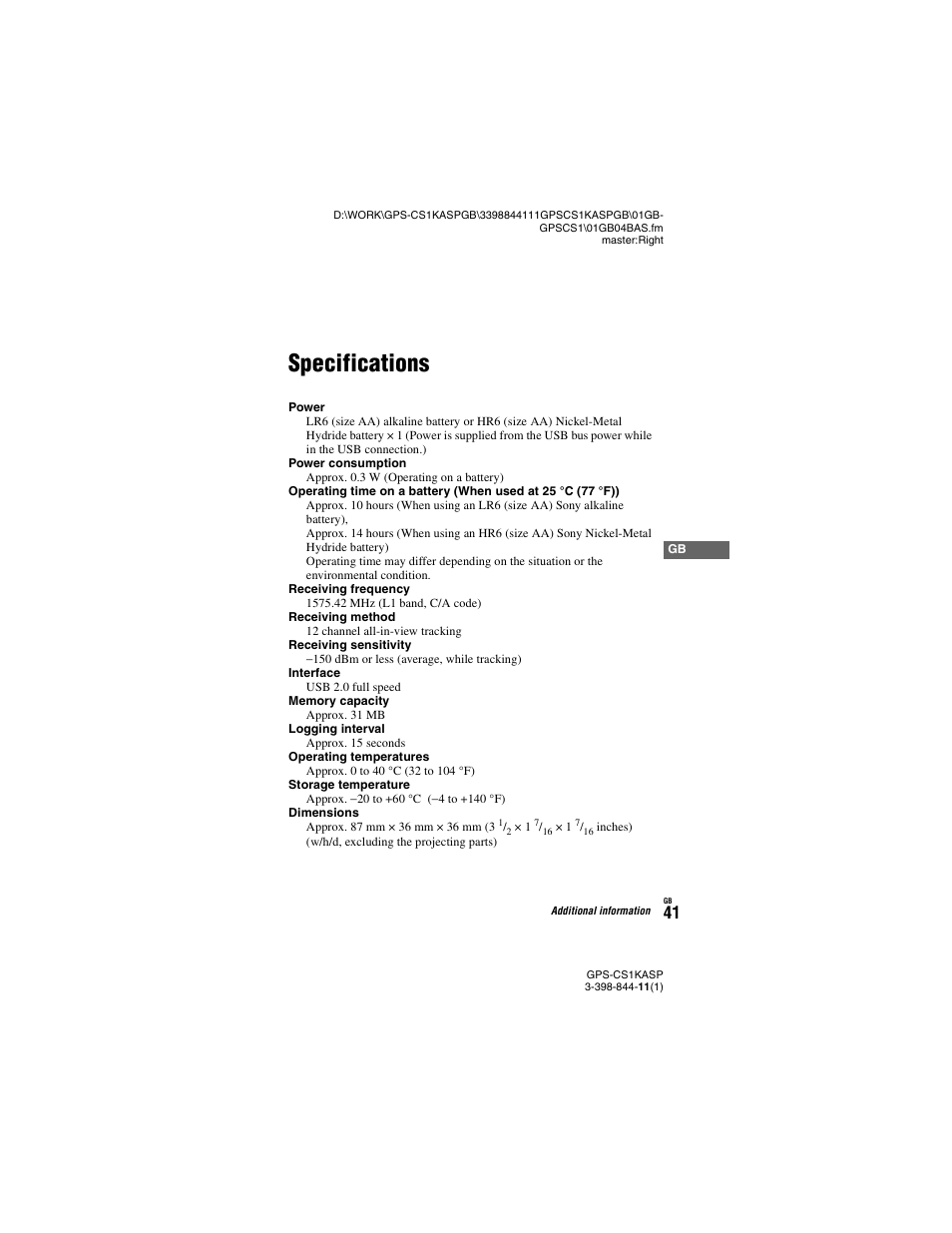 Specifications | Sony GPS-CS1KASP Manuel d'utilisation | Page 41 / 91