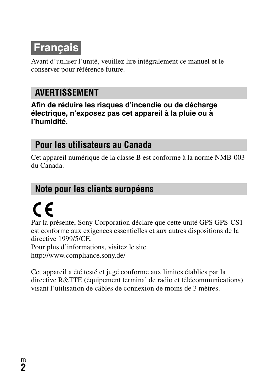 Français | Sony GPS-CS1KASP Manuel d'utilisation | Page 44 / 91