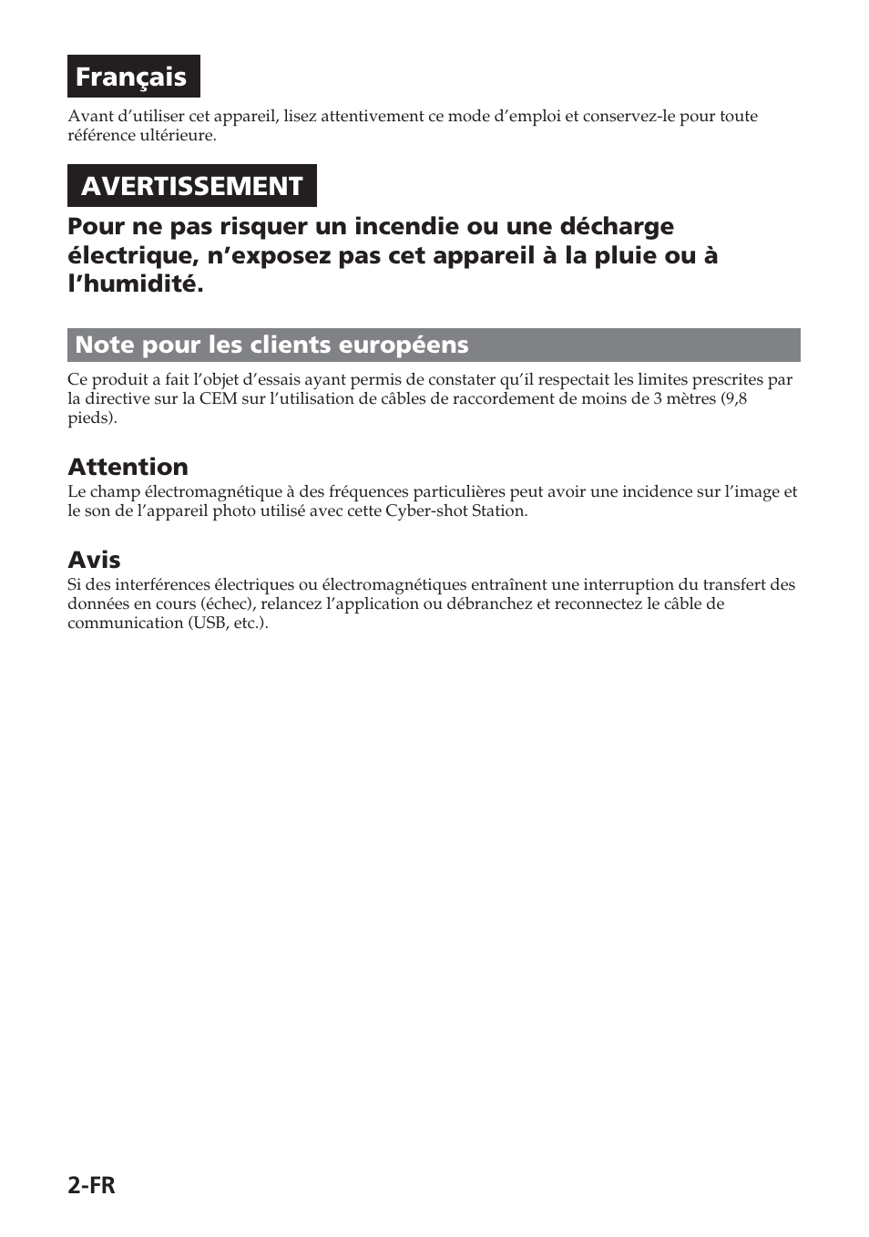 Français, Avertissement | Sony Cyber-Shot Station CSS-PHB Manuel d'utilisation | Page 16 / 32