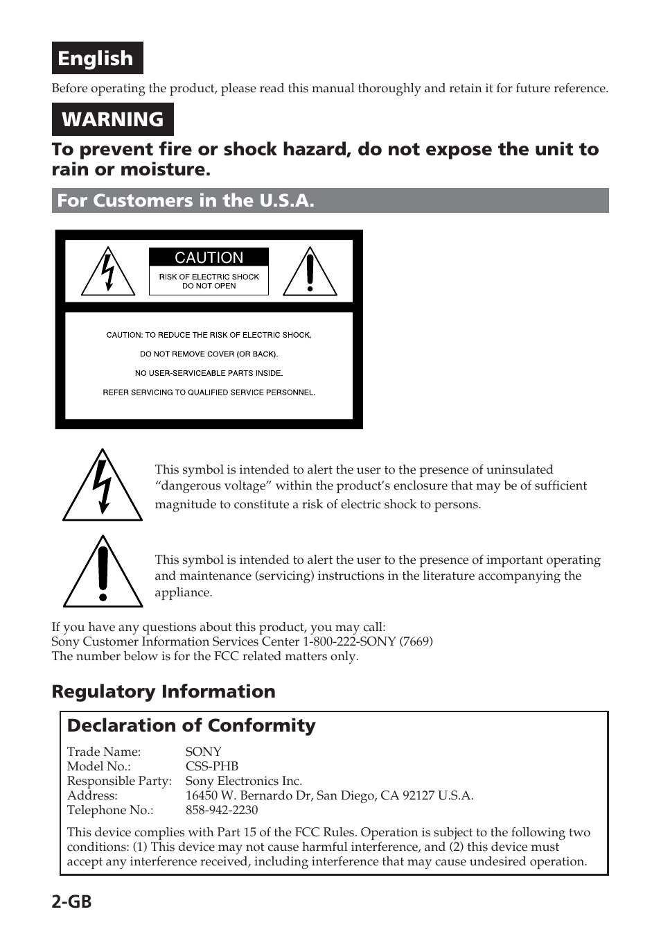 English, Warning, Regulatory information declaration of conformity | Sony Cyber-Shot Station CSS-PHB Manuel d'utilisation | Page 2 / 32