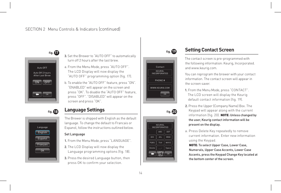 Setting contact screen, Language settings, Continued) | Keurig B155 Manuel d'utilisation | Page 14 / 38