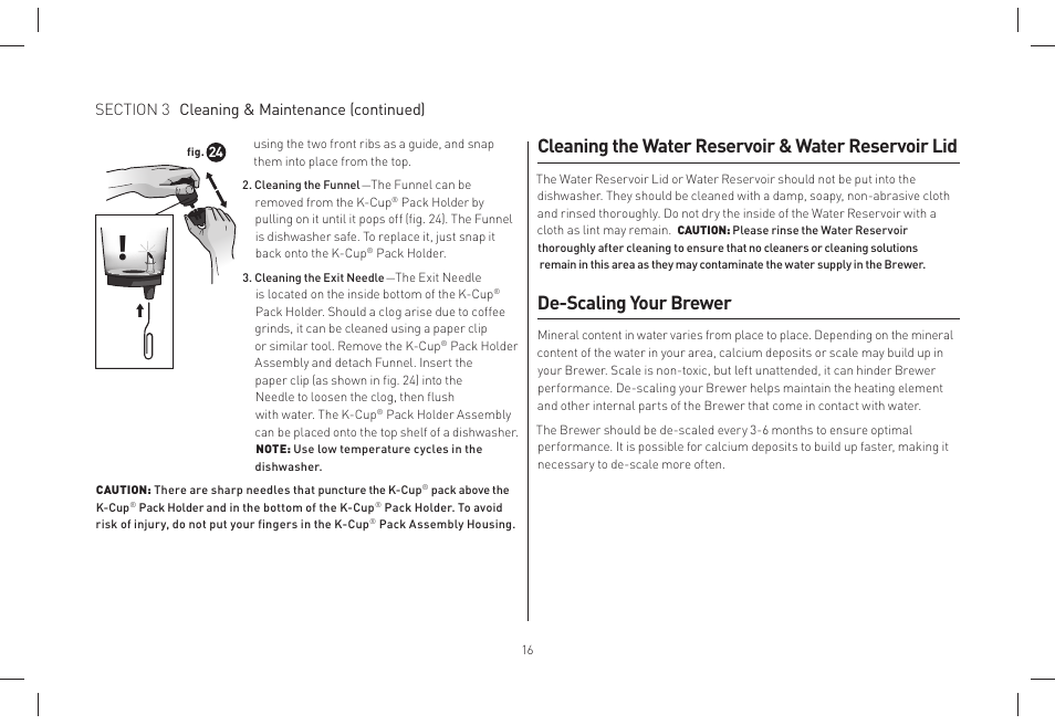 Cleaning the water reservoir & water reservoir lid, De-scaling your brewer | Keurig B155 Manuel d'utilisation | Page 16 / 38