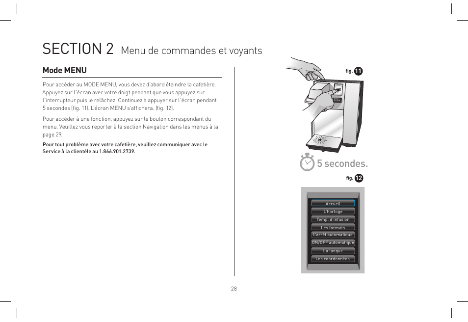 Menu de commandes et voyants, 5 secondes, Mode menu | Keurig B155 Manuel d'utilisation | Page 28 / 38