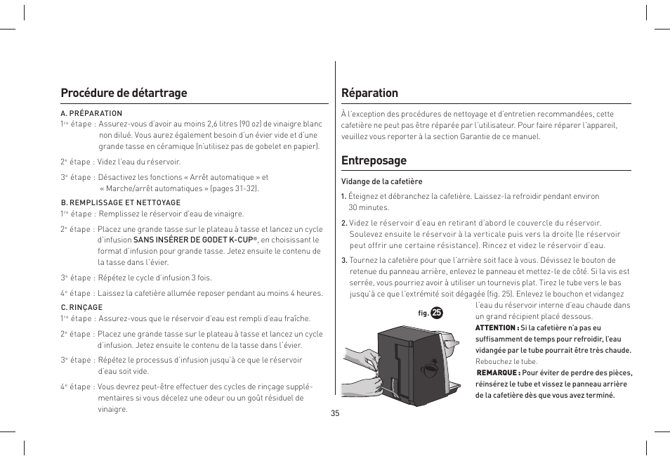 Procédure de détartrage, Réparation, Entreposage | Keurig B155 Manuel d'utilisation | Page 35 / 38