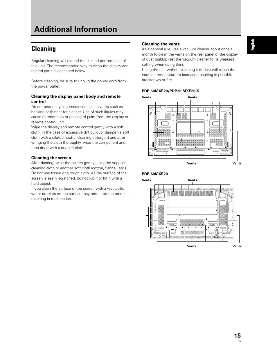 Additional information, Cleaning | Pioneer PDP-60MXE20 Manuel d'utilisation | Page 19 / 46