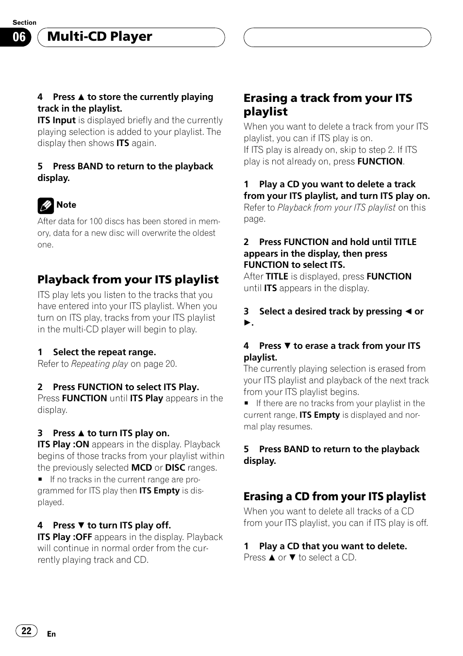 Playback from your its playlist 22, Erasing a track from your its, Playlist 22 | Erasing a cd from your its, Multi-cd player, Playback from your its playlist, Erasing a track from your its playlist, Erasing a cd from your its playlist | Pioneer DEH-P6500 Manuel d'utilisation | Page 22 / 92