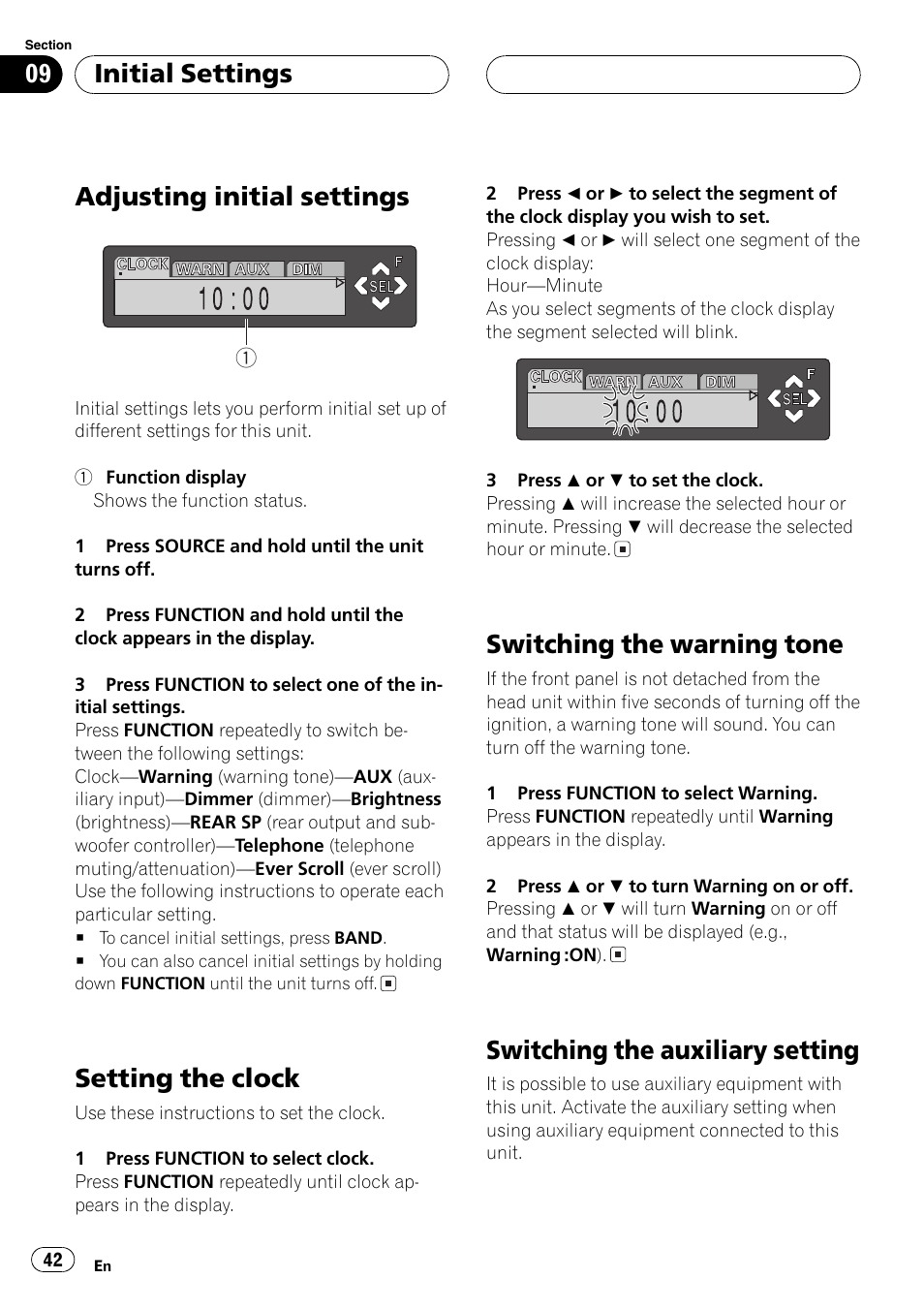 Adjusting initial settings, Setting the clock, Switching the warning tone | Switching the auxiliary setting, Initial settings | Pioneer DEH-P760MP Manuel d'utilisation | Page 42 / 122