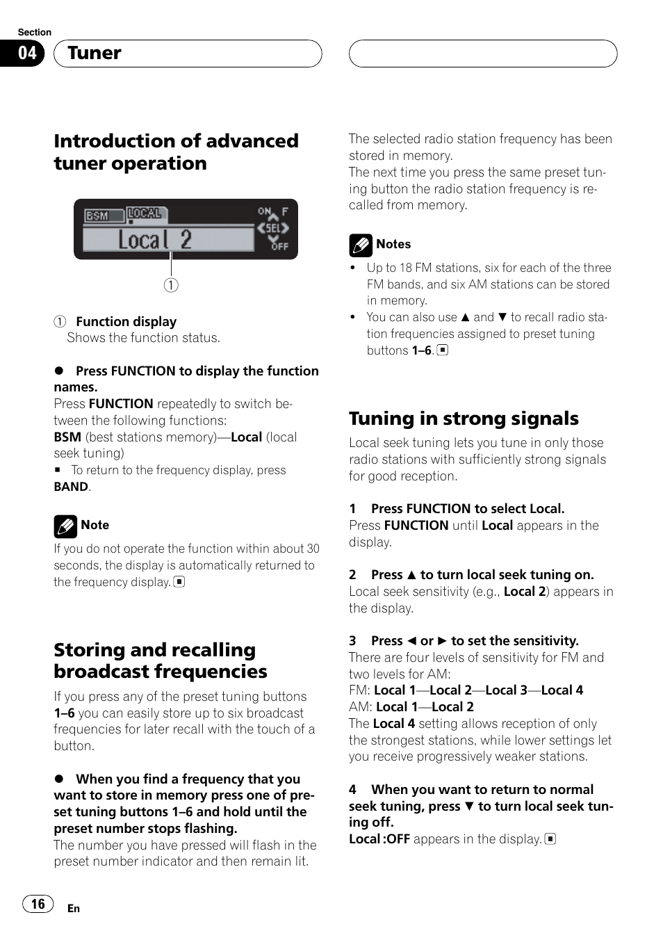 Introduction of advanced tuner, Operation 16, Storing and recalling broadcast | Frequencies 16, Tuning in strong signals 16, Introduction of advanced tuner operation, Storing and recalling broadcast frequencies, Tuning in strong signals, Tuner | Pioneer DEH-P6700MP Manuel d'utilisation | Page 16 / 119