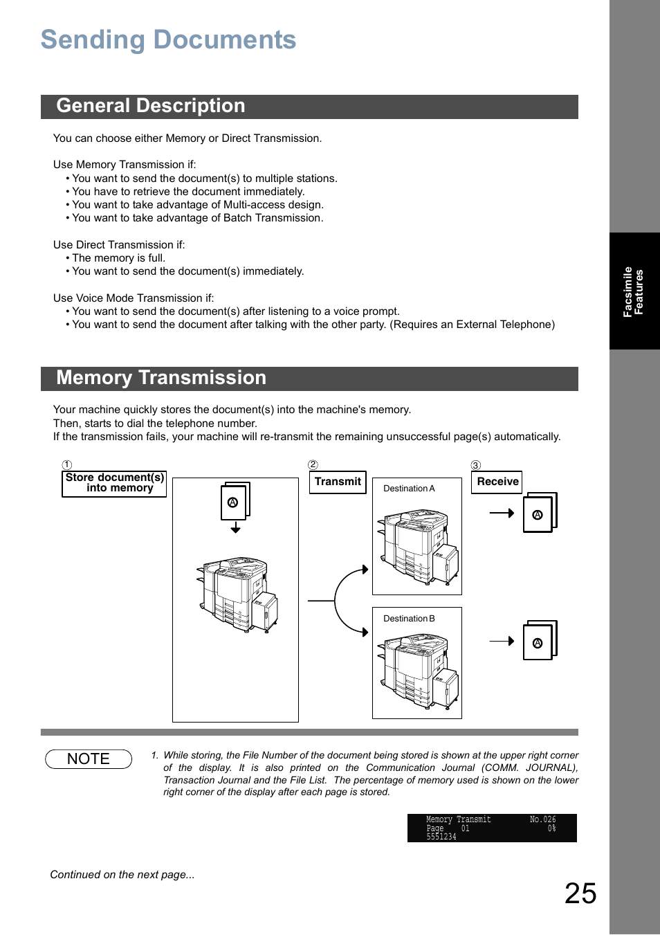 Facsimile features, Sending documents, General description | Memory transmission | Panasonic DP-3010 Manuel d'utilisation | Page 25 / 234