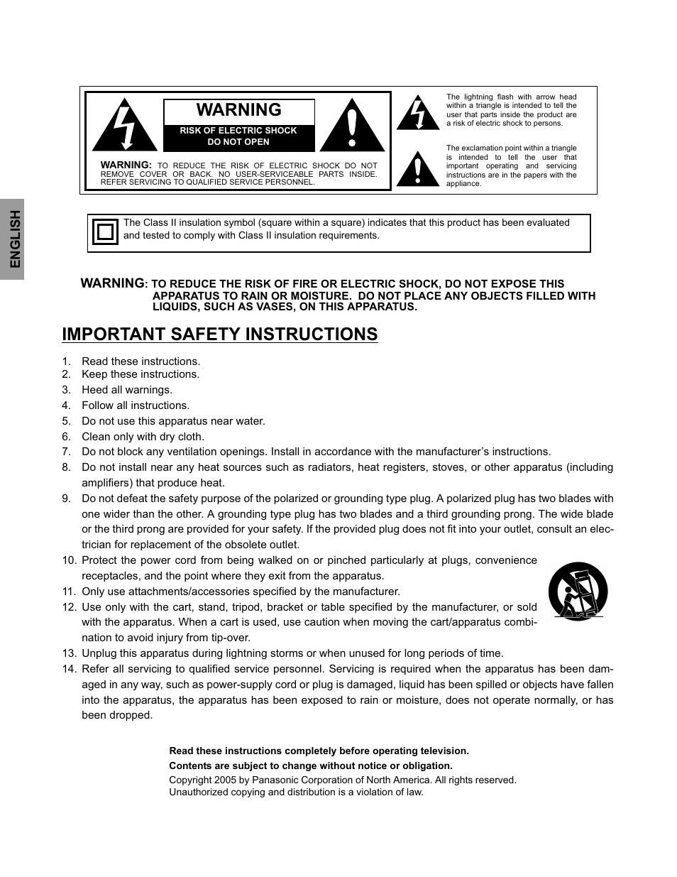 Warning, Important safety instructions | Panasonic CT-32HC15 Manuel d'utilisation | Page 2 / 56