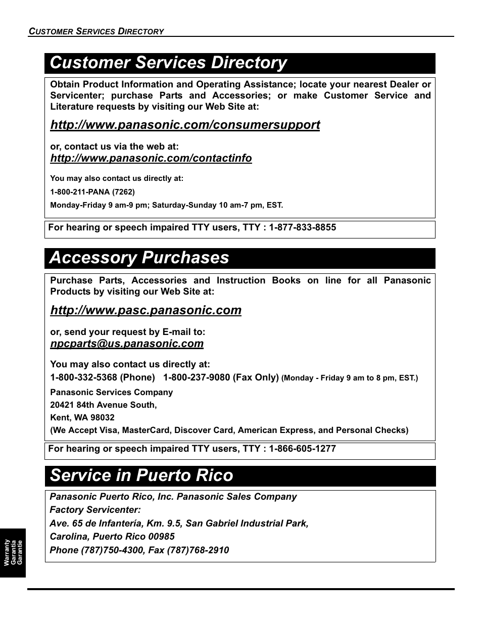 Service in puerto rico, Accessory purchases, Customer services directory | Panasonic CT-32HC15 Manuel d'utilisation | Page 52 / 56