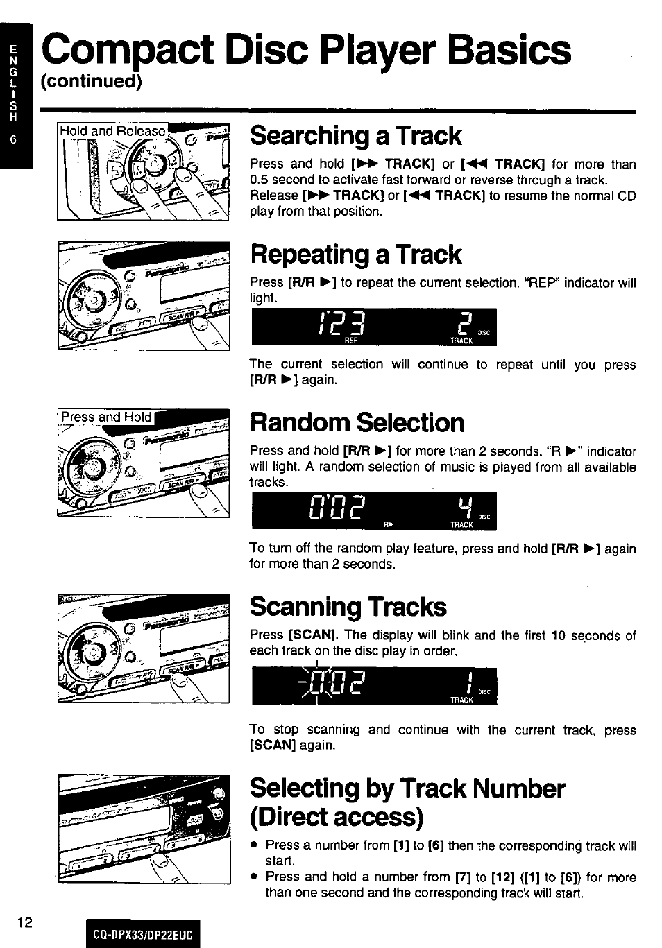 Compact disc player basics, Continued), Searching a track | Repeating a track, Random selection, Scanning tracks, Selecting by track number (direct access) | Panasonic CQ-DPX33 DP22EUC Manuel d'utilisation | Page 12 / 48