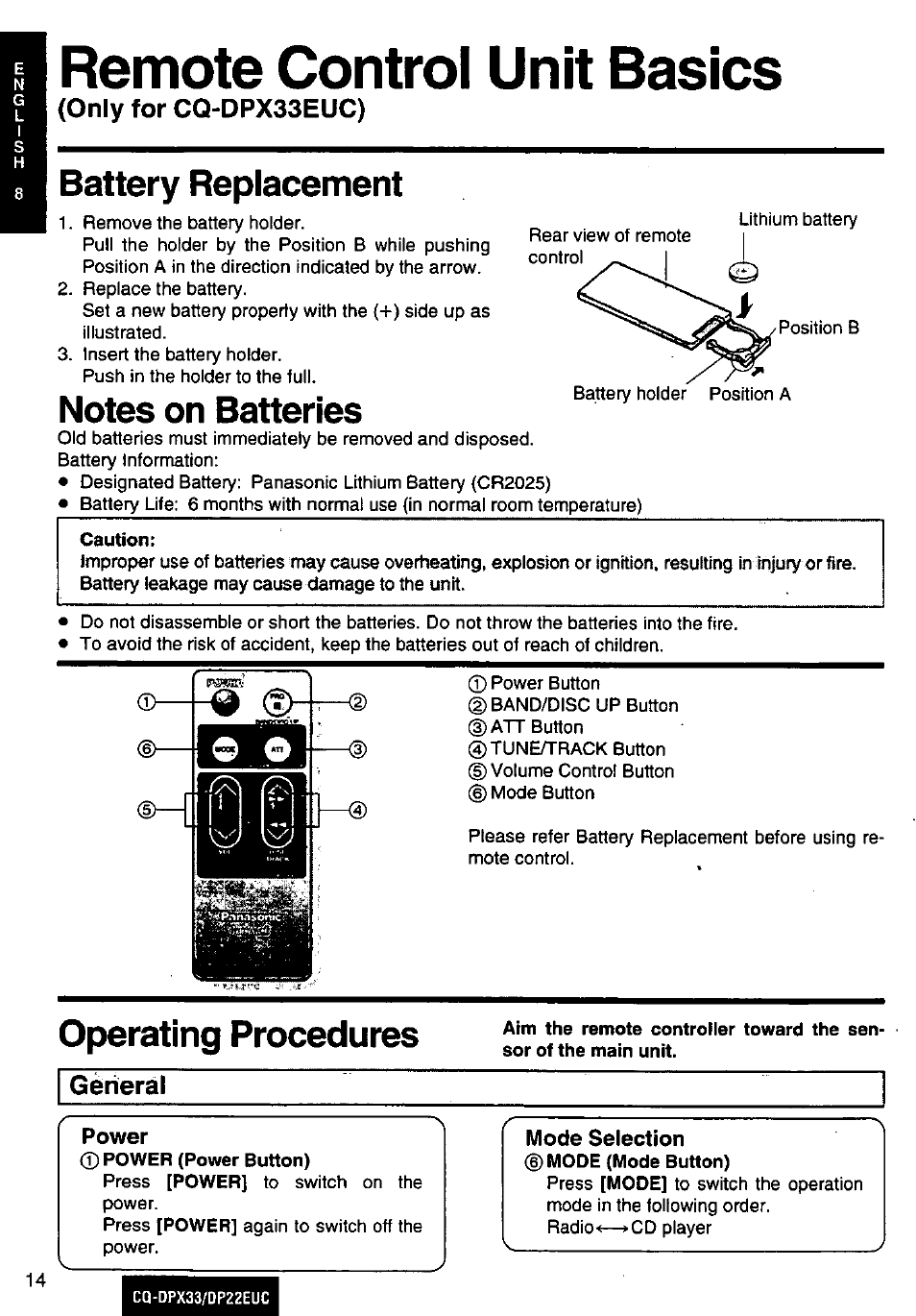 Remote control unit basics, Only for cq-dpx33euc), Battery replacement | Notes on batteries, Operating procedures, General, Power, Mode selection | Panasonic CQ-DPX33 DP22EUC Manuel d'utilisation | Page 14 / 48