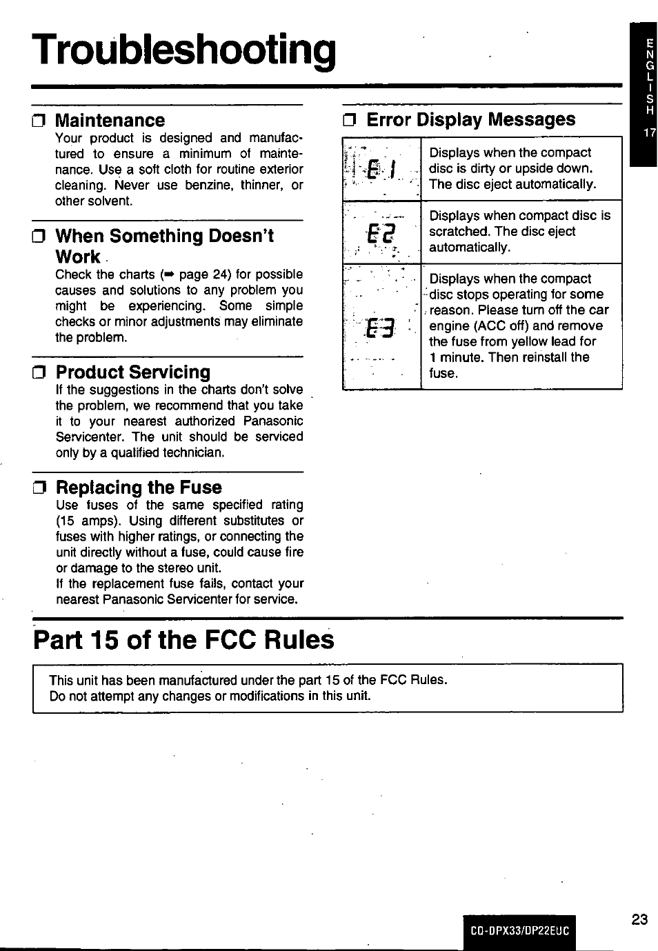 Troubleshooting, Maintenance, When something doesn’t work | Product servicing, Replacing the fuse, Error display messages, Part 15 of the fcc rules | Panasonic CQ-DPX33 DP22EUC Manuel d'utilisation | Page 23 / 48